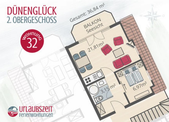 Dünenglück, Ferienwohnung 32 mit Meerblick