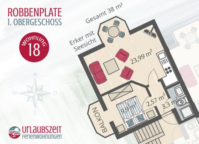 Haus Robbenplate, Ferienwohnung 18 mit Meerblick